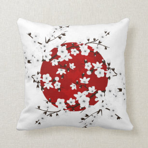 Coussin Fleurs de cerisiers rouges noirs et blancs Soleil