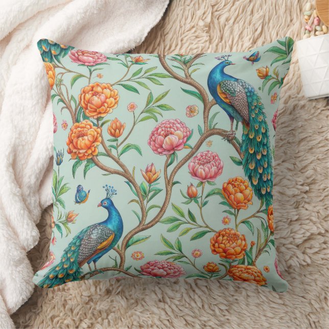 Coussin Fleurs de chant Oiseaux Botanique Fond Menthe (Couverture)
