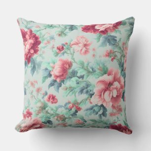 Coussin Fleurs de Claret Rose, Feuilles Bleu Vert