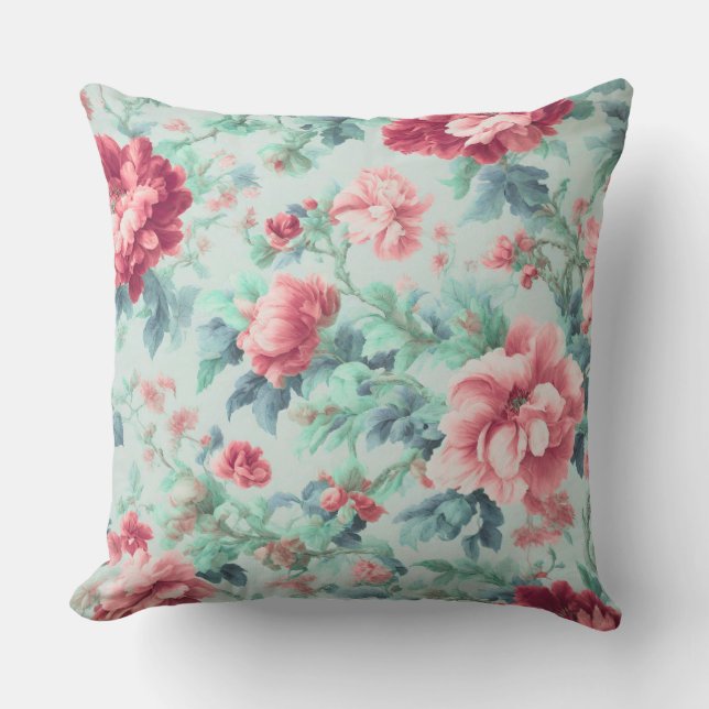 Coussin Fleurs de Claret Rose, Feuilles Bleu Vert (Recto)