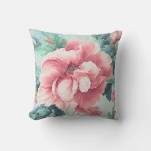 Coussin Fleurs de Claret Rose, Feuilles Bleu Vert