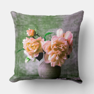Coussin Fleurs de corail en Vase gris rose orange