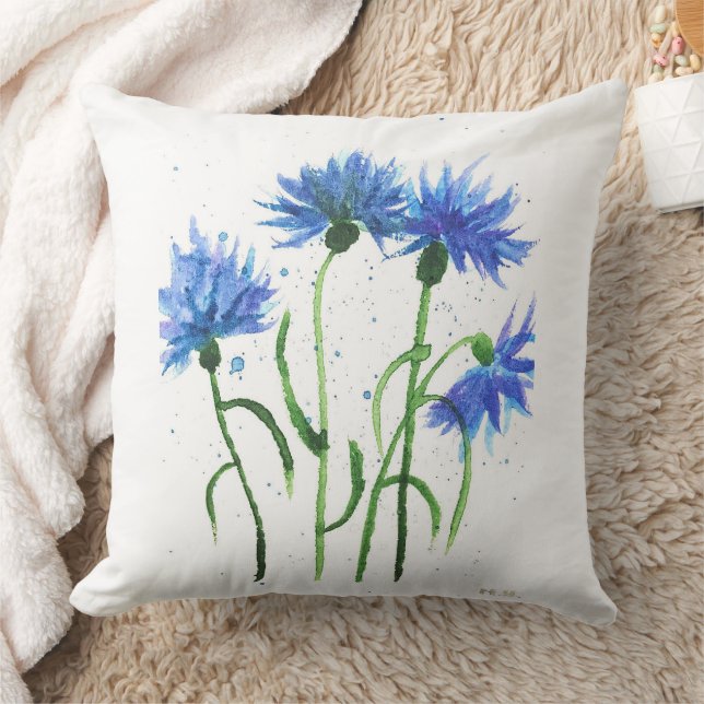 Coussin Fleurs de Cornflowers bleu aquarelle rustique joli (Couverture)