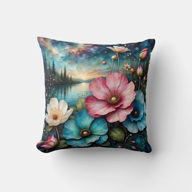 Coussin Fleurs de Cosmos rouges blanches et bleues, Paysag (Recto)