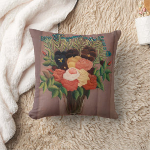 Coussin Fleurs de cottage vintage Henri Rousseau français