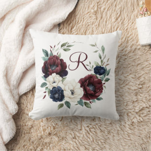 Coussin Fleurs de couleur bordeaux, bleu marine et blanc