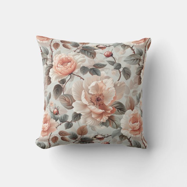 Coussin Fleurs de crème avec feuilles gris sur un gris cla (Recto)