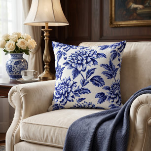 Coussin Fleurs de dahlia bleues et blanches Toile de Jouy