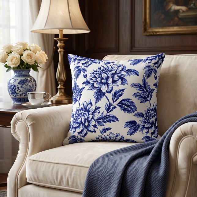 Coussin Fleurs de dahlia bleues et blanches Toile de Jouy (Créateur téléchargé)