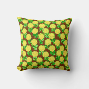 Coussin Fleurs de dahlia jaunes et chocolat