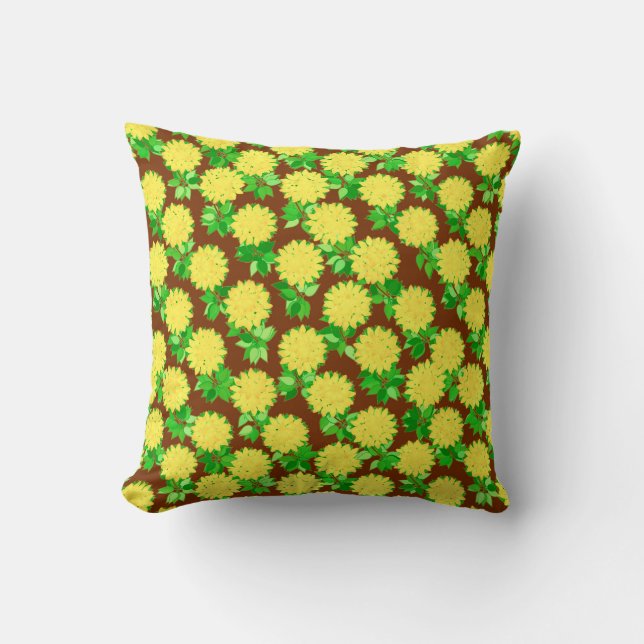 Coussin Fleurs de dahlia jaunes et chocolat (Recto)