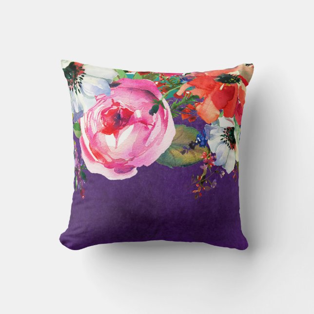 Coussin Fleurs de fête violettes florales à l'aquarelle lu (Recto)