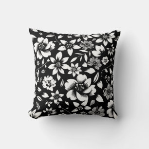 Coussin Fleurs de feuilles florales modernes noir blanc qu