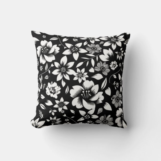 Coussin Fleurs de feuilles florales modernes noir blanc qu (Recto)