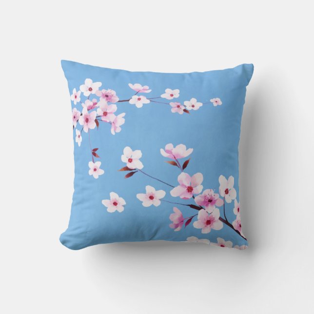 Coussin Fleurs de fleurs de cerisier bleu printemps (Recto)