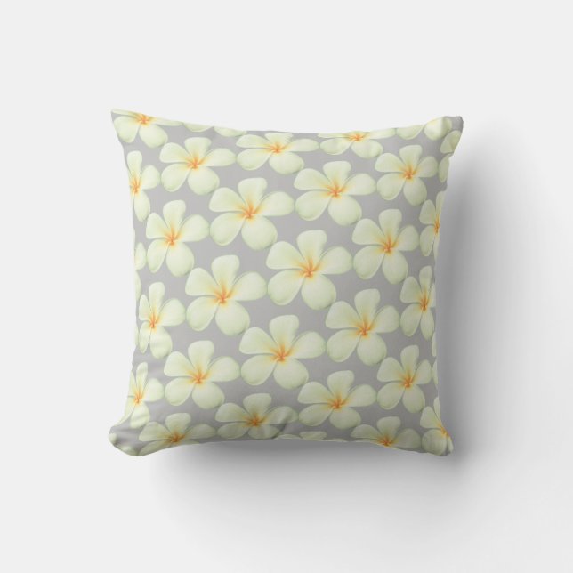 Coussin Fleurs de frangipanier Plumeria blanches sur gris  (Recto)