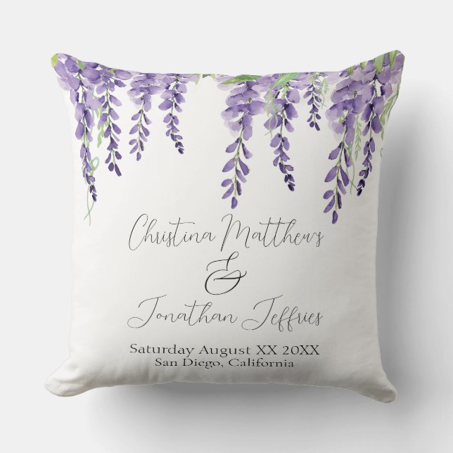 Coussin Fleurs de glycine violette sur blanc Élégant (Recto)
