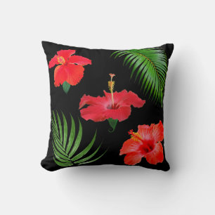 Coussin Fleurs de Hibiscus Tropical et Feuilles de Palmier
