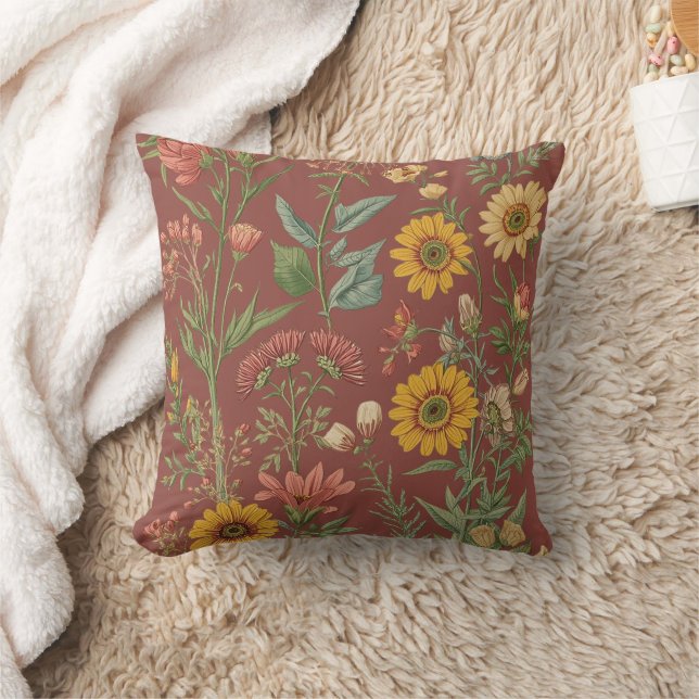 Coussin Fleurs de jardin sur fond Brun Ocre (Couverture)