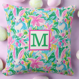 Coussin Fleurs de lapins de printemps de Pâques Monogramme