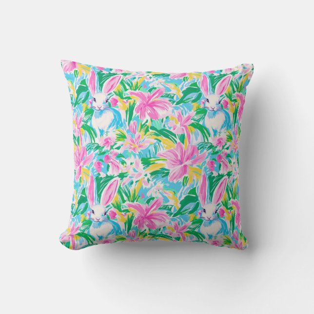 Coussin Fleurs de lapins de printemps de Pâques Preppy (Recto)