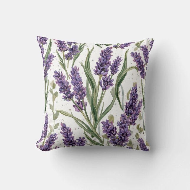 Coussin Fleurs de Lavande Violette Aquarelle Botanique (Recto)