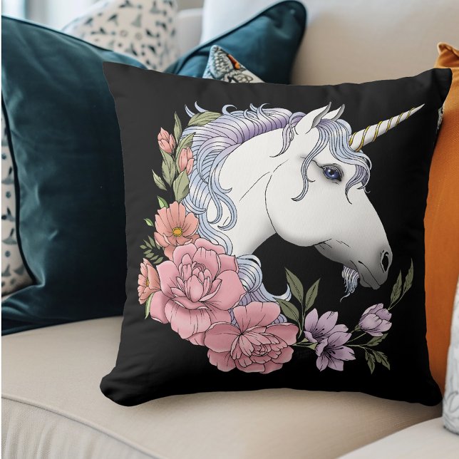 Coussin Fleurs de licorne blanche enchantée rose noir (Créateur téléchargé)