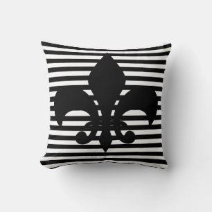Coussin Fleurs-de-lis Arrière - plan rayé noir et blanc