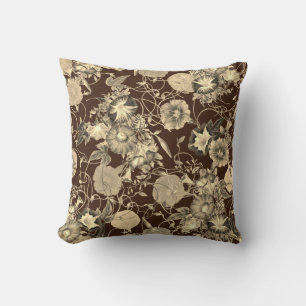 Coussin Fleurs de liseron beige sur fond brun foncé