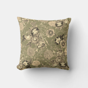 Coussin Fleurs de liseron beige sur fond vert olive