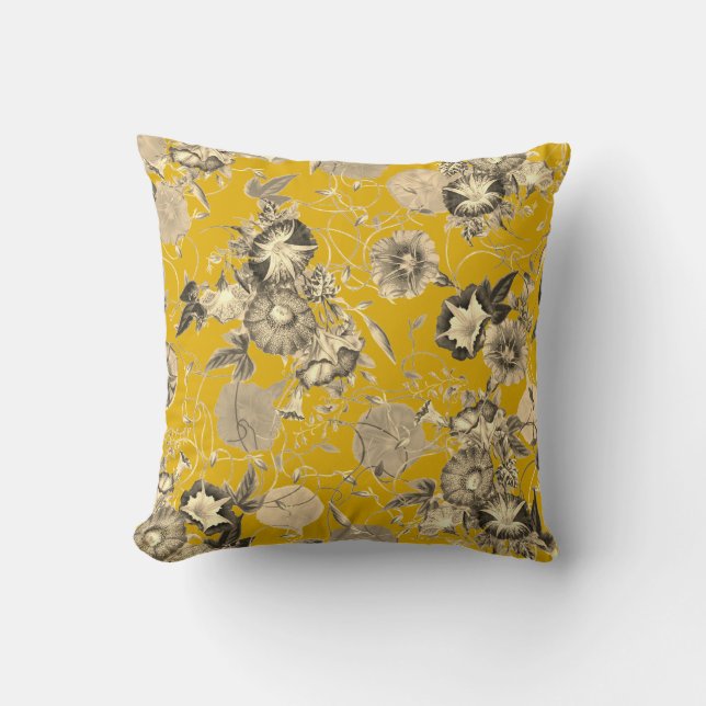 Coussin Fleurs de liserons beige sur fond jaune moutarde (Recto)