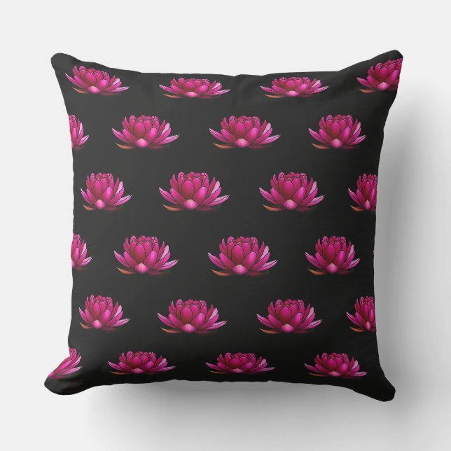Coussin Fleurs de lotus rose profond sur fond noir (Recto)