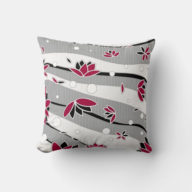 Coussin Fleurs de lotus rouges sur bandes grises (Recto)