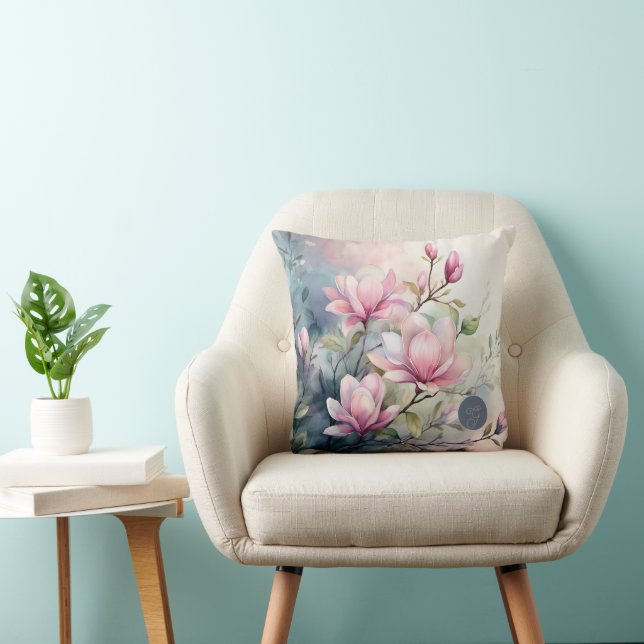 Coussin Fleurs de magnolia rose botanique monogrammé (Chaise)