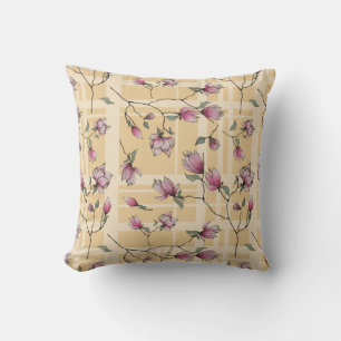 Coussin Fleurs de Magnolia sucrées sur Plaid Jaune