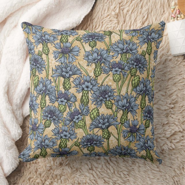 Coussin Fleurs de maïs bleues, fleurs sauvages sur le jaun (Couverture)