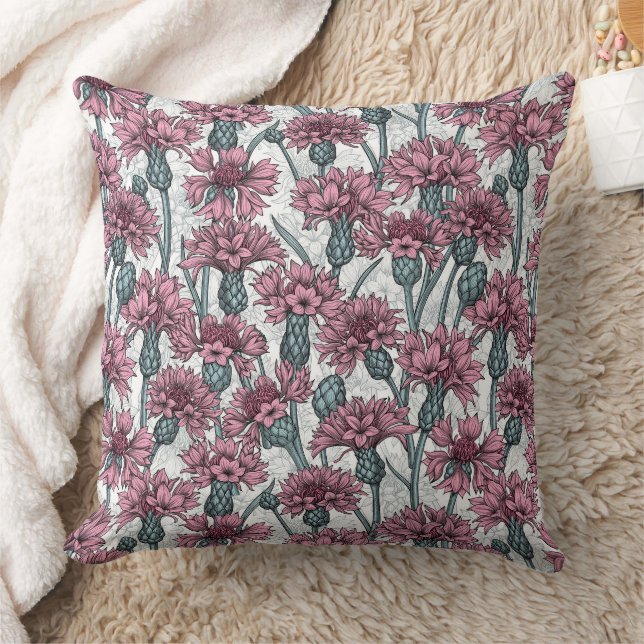 Coussin Fleurs de maïs roses, fleurs sauvages sur blanc (Couverture)