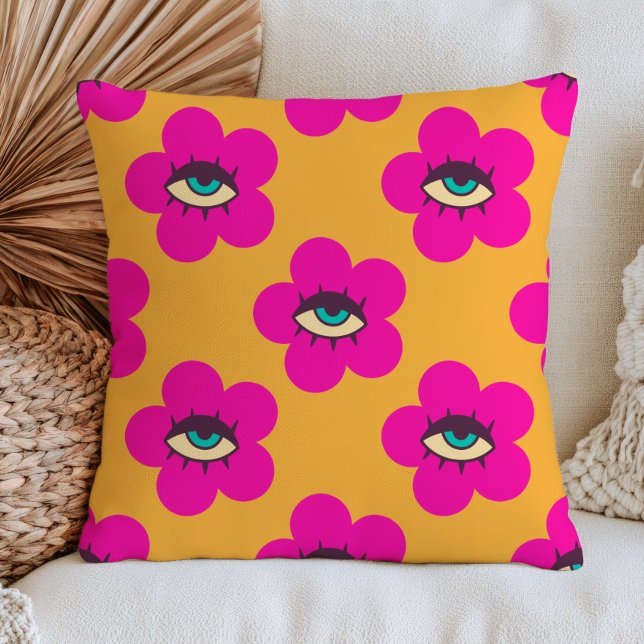 Coussin Fleurs de marguerite d'œil mauvais fuchsia sur jau (Créateur téléchargé)