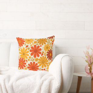 Coussin Fleurs de marguerite rétro joyeuses couleur orange