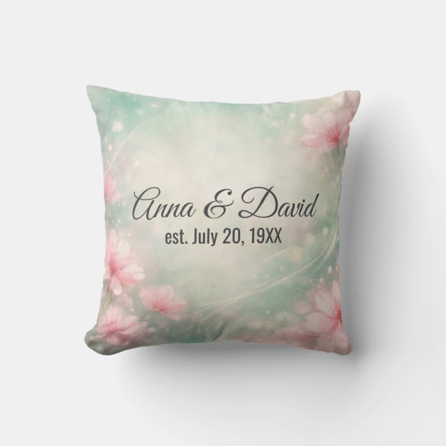 Coussin Fleurs de mariage d'anniversaire sur fond vert men (Recto)