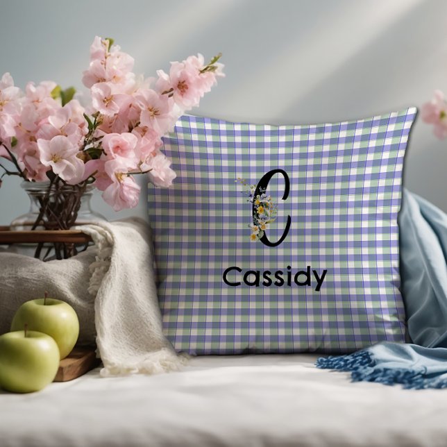 Coussin Fleurs de monogramme gingham bleu motif vert (Créateur téléchargé)
