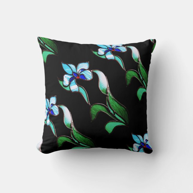 Coussin Fleurs de néon bleu vert sur noir (Recto)