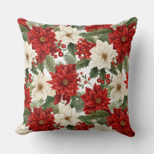 Coussin Fleurs de Noël rouges vintages Feuilles