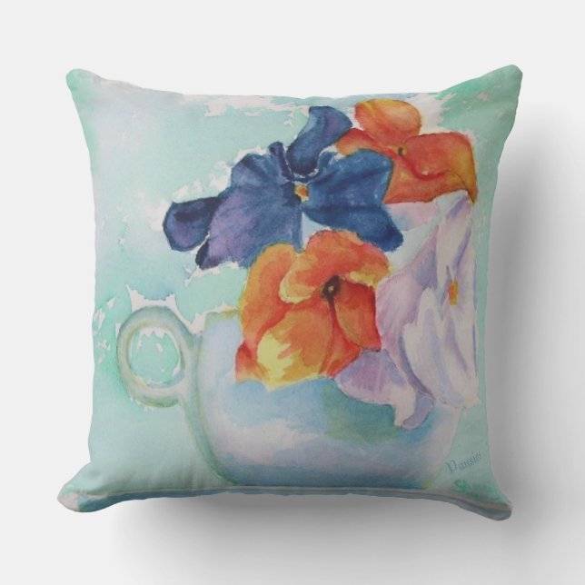 COUSSIN FLEURS DE PANSY DANS UN PATIO DE TEACUP (Recto)