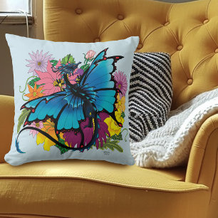 Coussin Fleurs de papillon bleu Dragon