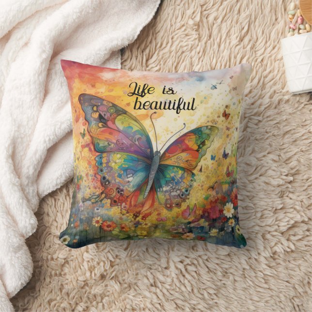 Coussin Fleurs de papillon colorées Citation inspirante (Couverture)