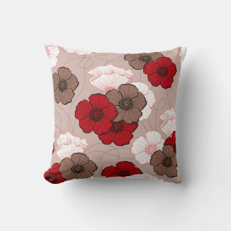 Coussin Fleurs de pavot blanc Brown rouge