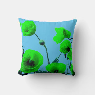 Coussin Fleurs de pavot bleu vert floral d'eau unique