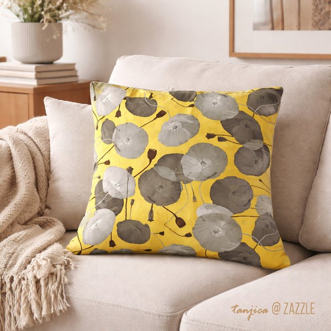 Coussin Fleurs de pavot grises élégantes modernes Jaune mo (Créateur téléchargé)