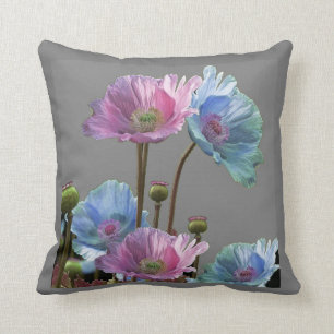 COUSSIN FLEURS DE PAVOT ROSE ET BLEU SUR L'ART GRIS